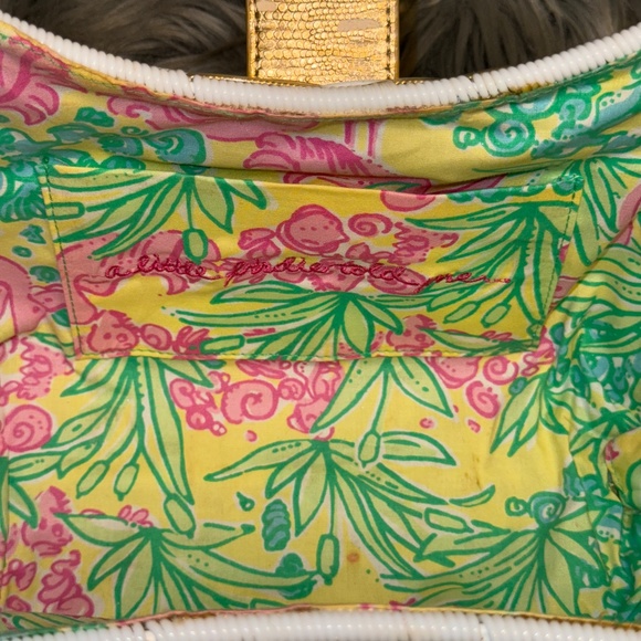 RARE Lilly Pulitzer Wicker Clam Style Handbag Purse White Gold - Picture 14 of 16